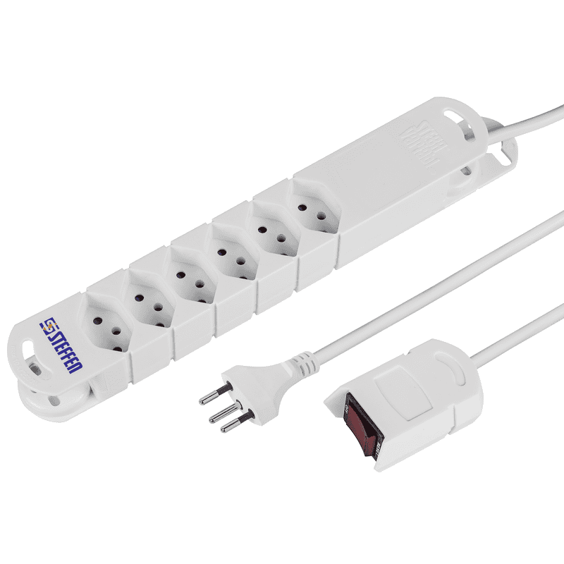 Steffen Steckdosenleiste VARIABL, 6 x T13 Steckdosen, mit ext. Kabelschalter und Haftmagnete, 3 m Kabel, weiss