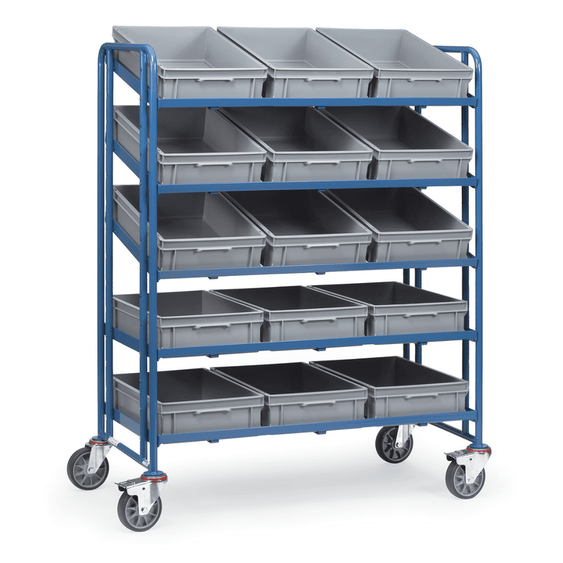 Eurokastenwagen, 1372 x 685 x 1686 mm, Tragkraft 400 kg, mit 15 Kunststoffkästen 600 x 400 x 145 mm