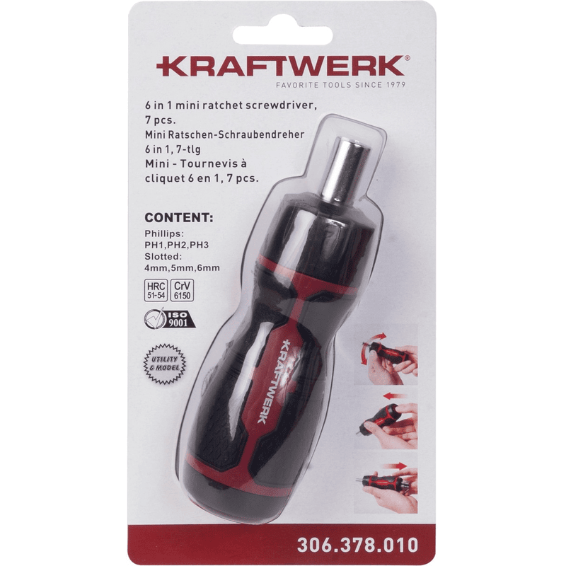 KRAFTWERK Mini-Ratschen-Schraubendreher 6-in-1, 7-teilig mit integriertem Bit-Sortiment