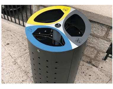 Poubelles avec système de tri DORIA en acier, 3 × 75 litres, couvercles en acier inoxydable