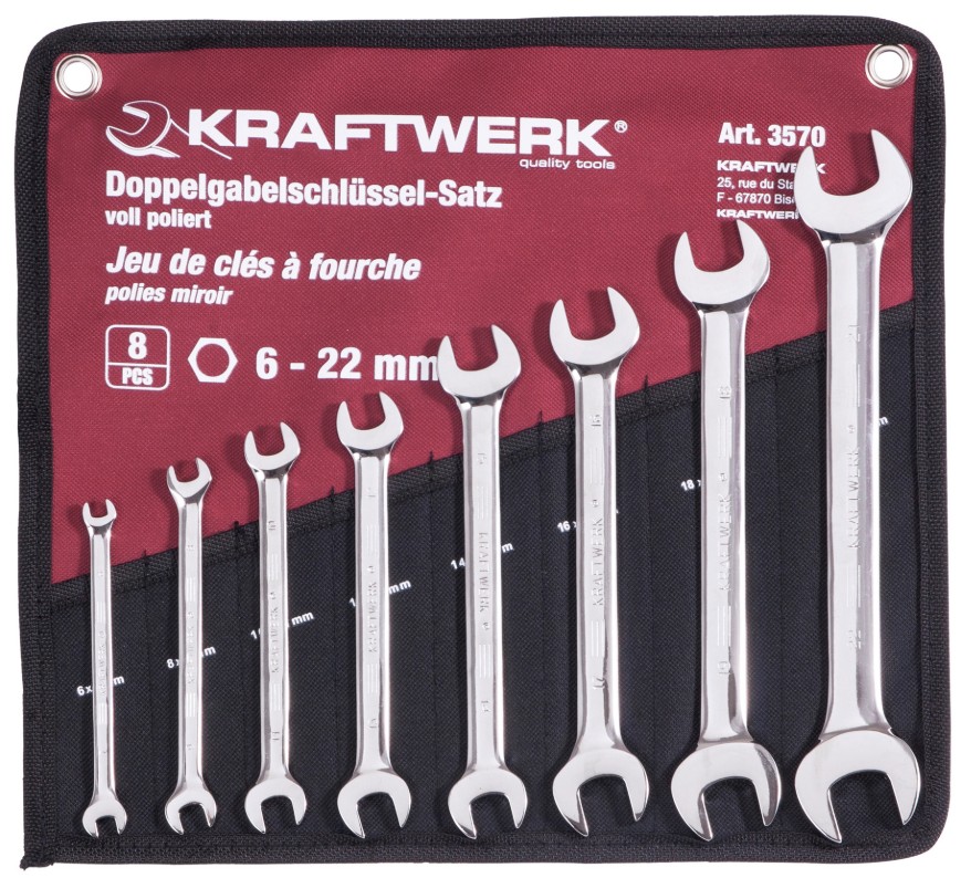 KRAFTWERK PRO LINE Doppel-Maulschlüssel-Satz, 8-teilig, 6–22 mm, im Rolletui