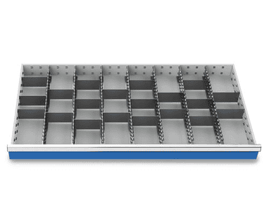 Compartimentage des métallique set 27 pièces, R 48-24, dimension utiles des tiroirs 1200 x 600 mm, en 4 hauteurs de façade