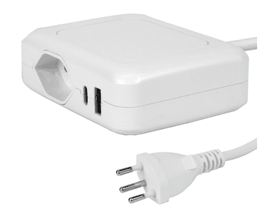 Steffen Ladestation IQ, 1 x T13 Steckdose, 1 x USB-A (36W), 1 x USB-C PD (45W), 10 A, IP20, 1.5 m Kabel, weiss