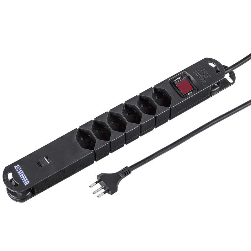 Steffen Steckdosenleiste VARIABL, 6 x T13 Steckdosen, 1 x USB-A, 1 x USB-C PD (18W), mit Schalter, 3 m Kabel, in 2 Farben