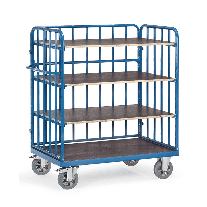 Fetra Chariot à plateaux avec entretoises tubulaires, 4 plateaux, hauteur 1583 mm, avec 1 paroi longitudinale
