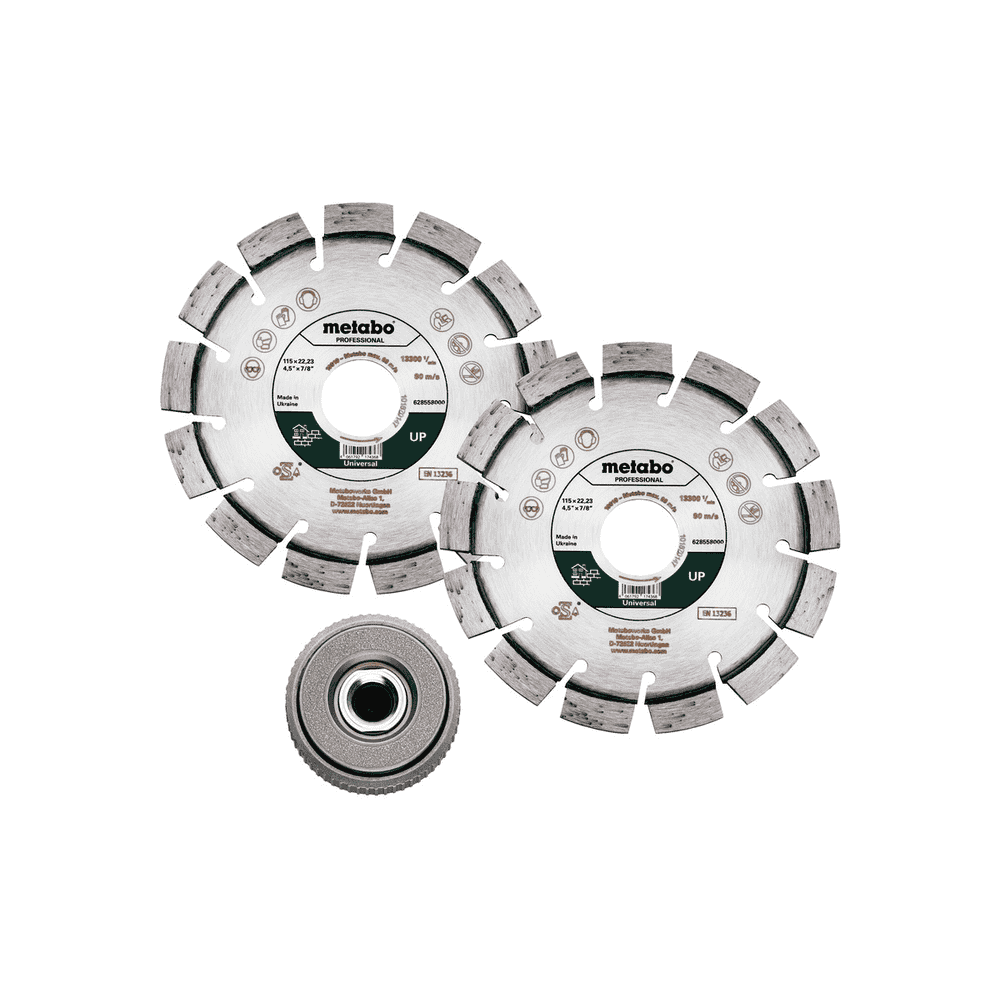 Metabo Set: 2 x Diamanttrennscheibe "UP", 115 x 22,23 mm und 1 x Quickspannmutter M 14