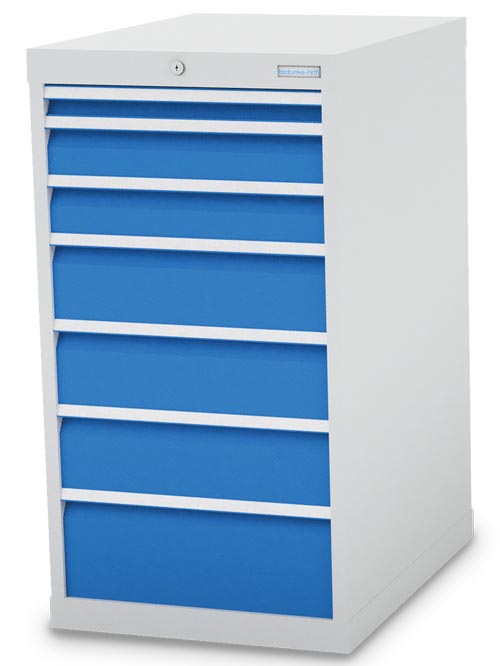 Schubladenschrank, Tiefe 736 mm, R 18-24, Schubladenanzahl 7 (1x50, 2x100, 3x150, 1x200 mm), 555 x 736 x 1019 mm, RAL 7035, RAL 5012