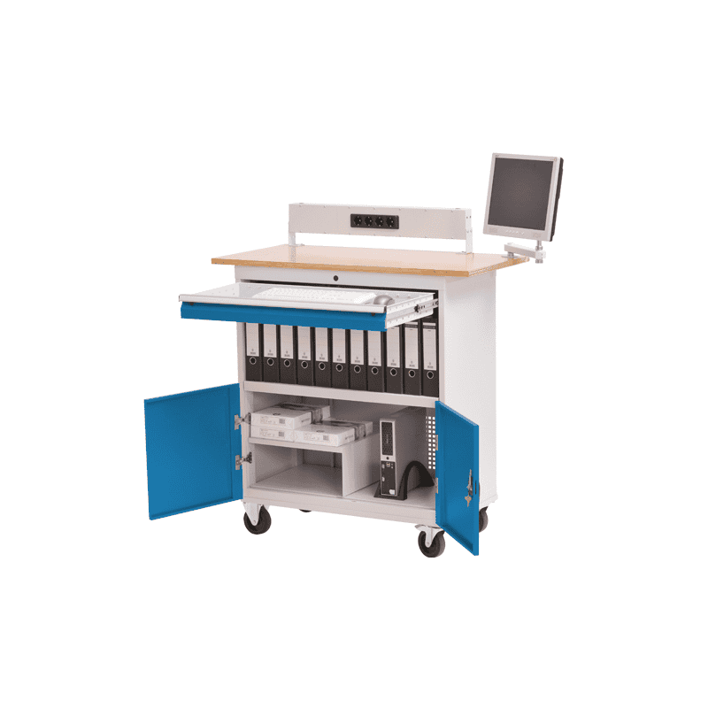 Bedrunka+Hirth Mobiler Computerschrank mit Arbeitsplatte, Energie-Kanal und Monitorhalterung, 1200 x 600 x 1196 mm