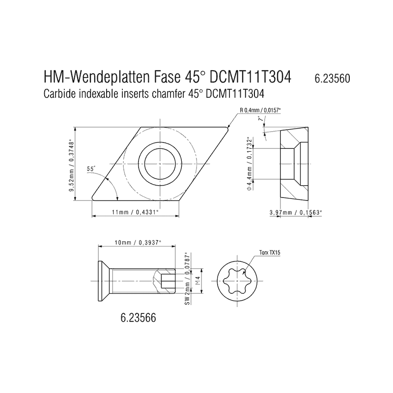 Metabo HM Wendeplatten Fase 45°, ISO DCMT 11 T 304, 10 Stück
