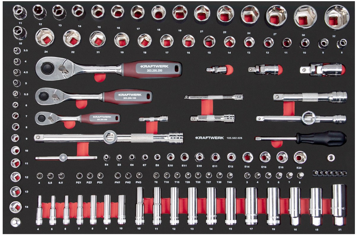 KRAFTWERK PRO LINE EVA Steckschlüssel-Einlage 1/4”+3/8”+1/2”, 600 x 400 mm, 125-teilig