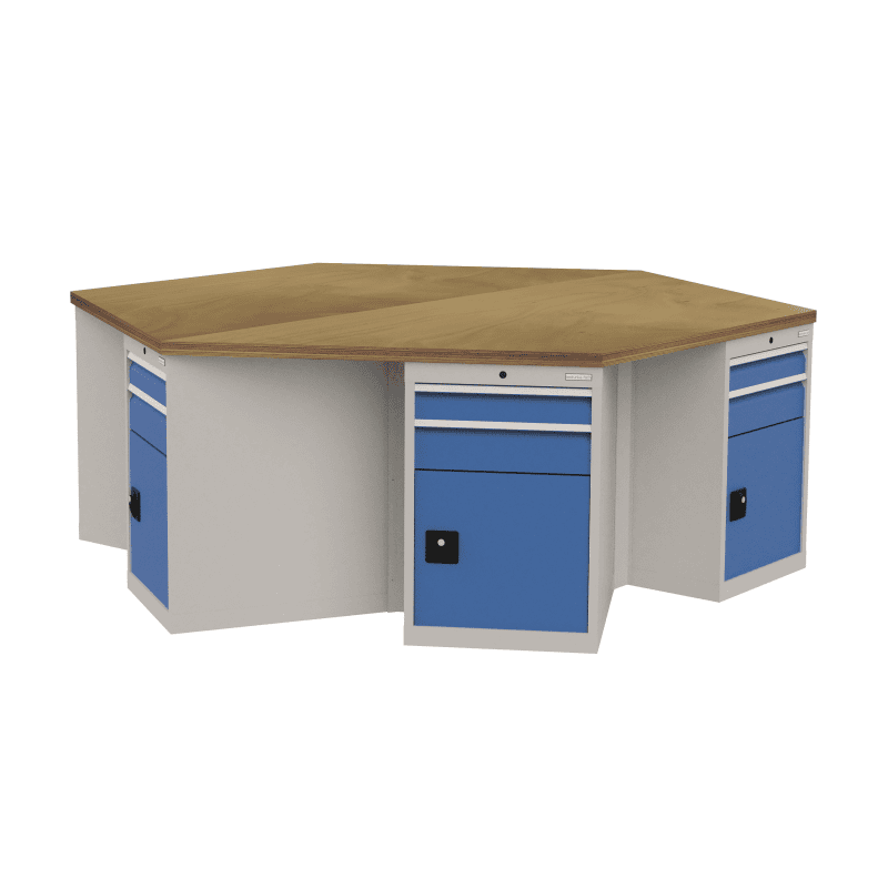 Bedrunka+Hirth 6-Eck-Werkbank mit 6 x Schubladenschränke je 2 Schubladen, 1 Flügeltüre, BxTxH 2500 x 2165 x 859 mm
