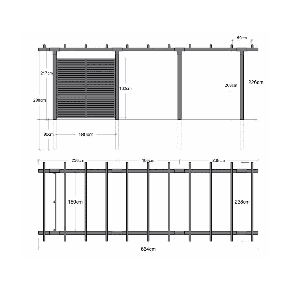 PLUS Pergola double avec clôture Tokyo, noir RAL 9005, modèle 3, L x P x H 6 640 x 2 380 x 2 170 mm