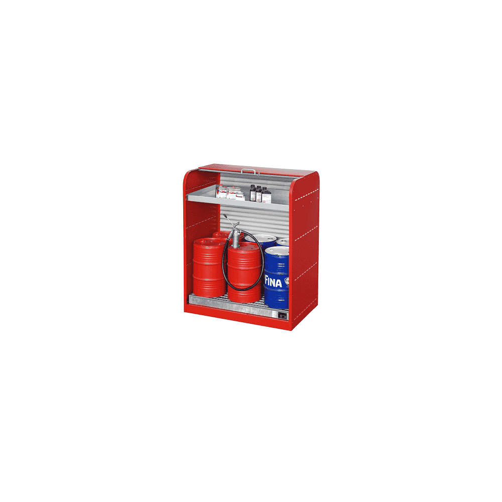 Gefahrstoff-Rollladenschrank TYP RSG - 6x 60 Liter Fässer und Kleingebindewanne - rote Farbe