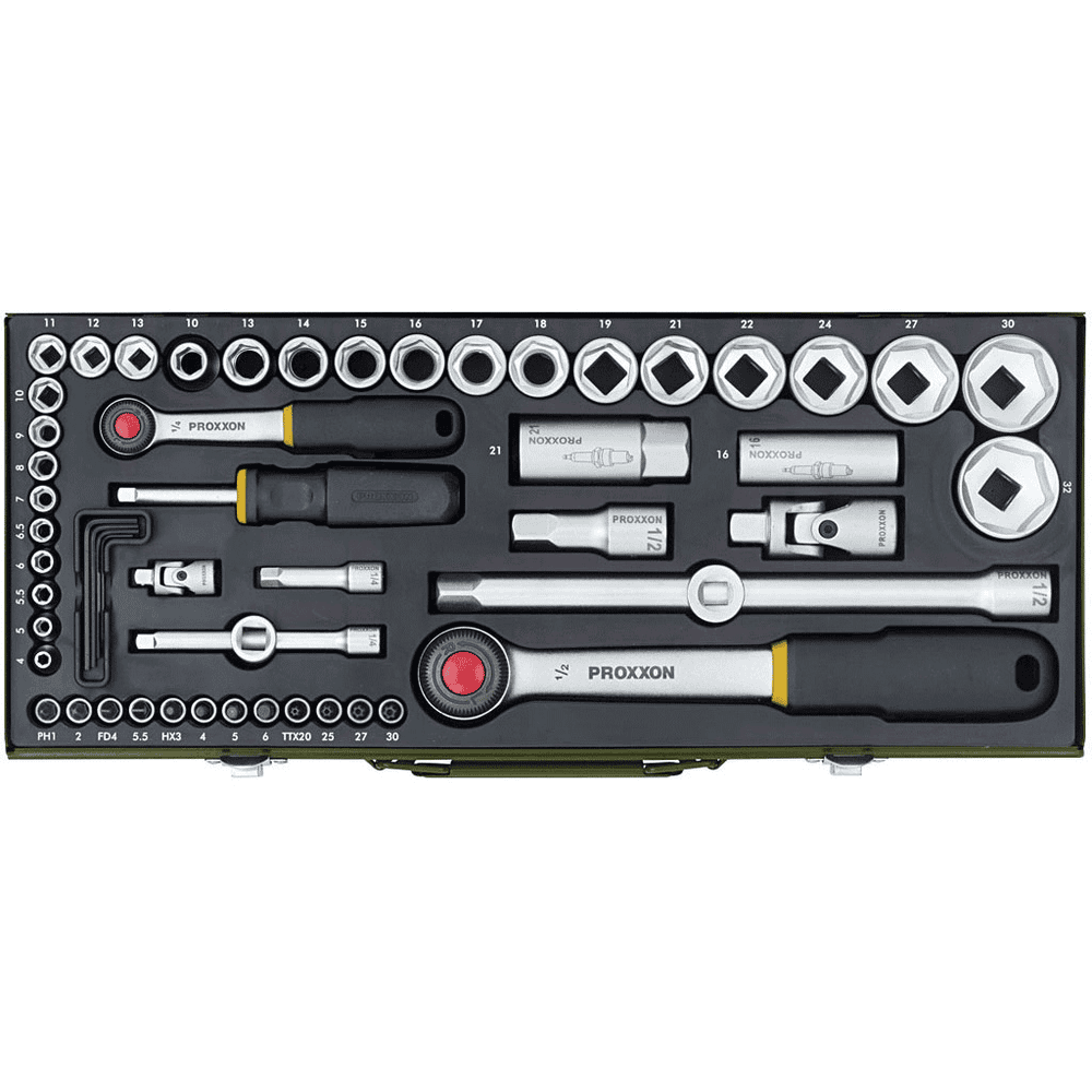Proxxon Jeu complet de douilles 1/2" + 1/4", 56 pièces, douilles de 4 à 32 mm