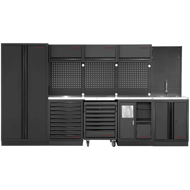 KRAFTWERK Équipement d'atelier MOBILIO SANITORY Combiné 4 éléments, plan de travail en acier inoxydable 430, L x P x H 3635 x 488 x 2000 mm