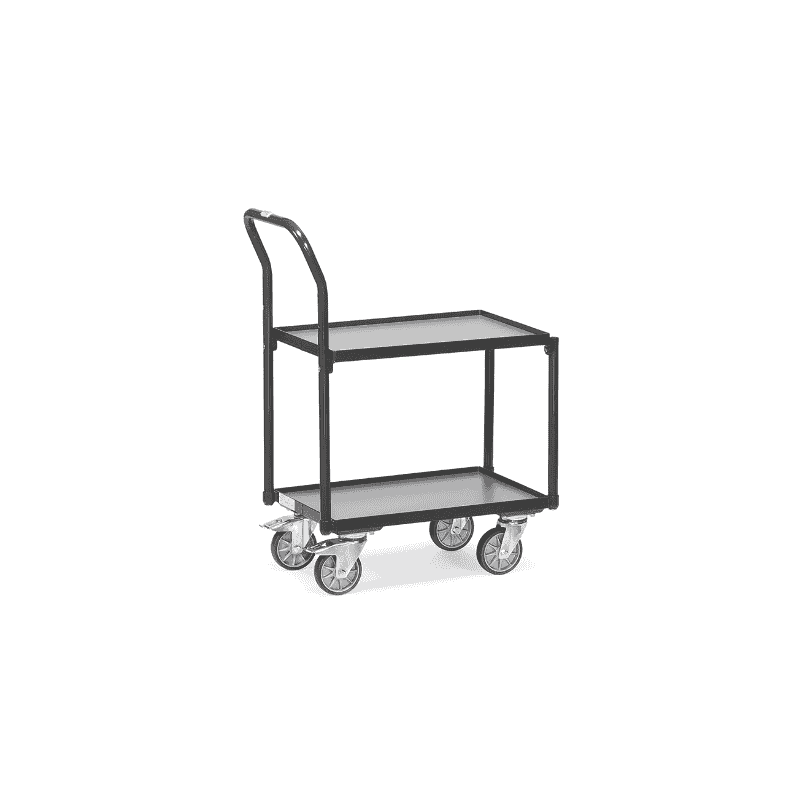 Roller à plateaux "GREY EDITION", avec 2 plateaux en bois, avec rebord de 15 mm, avec barre de poussée tubulaire, 747 x 414 x 970 mm
