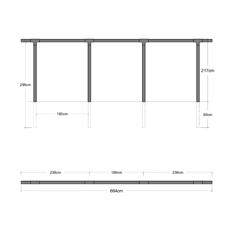 PLUS Pergola simple, noir RAL 9005, modèle 3, L x P x H 6640 x 90 x 2170 mm