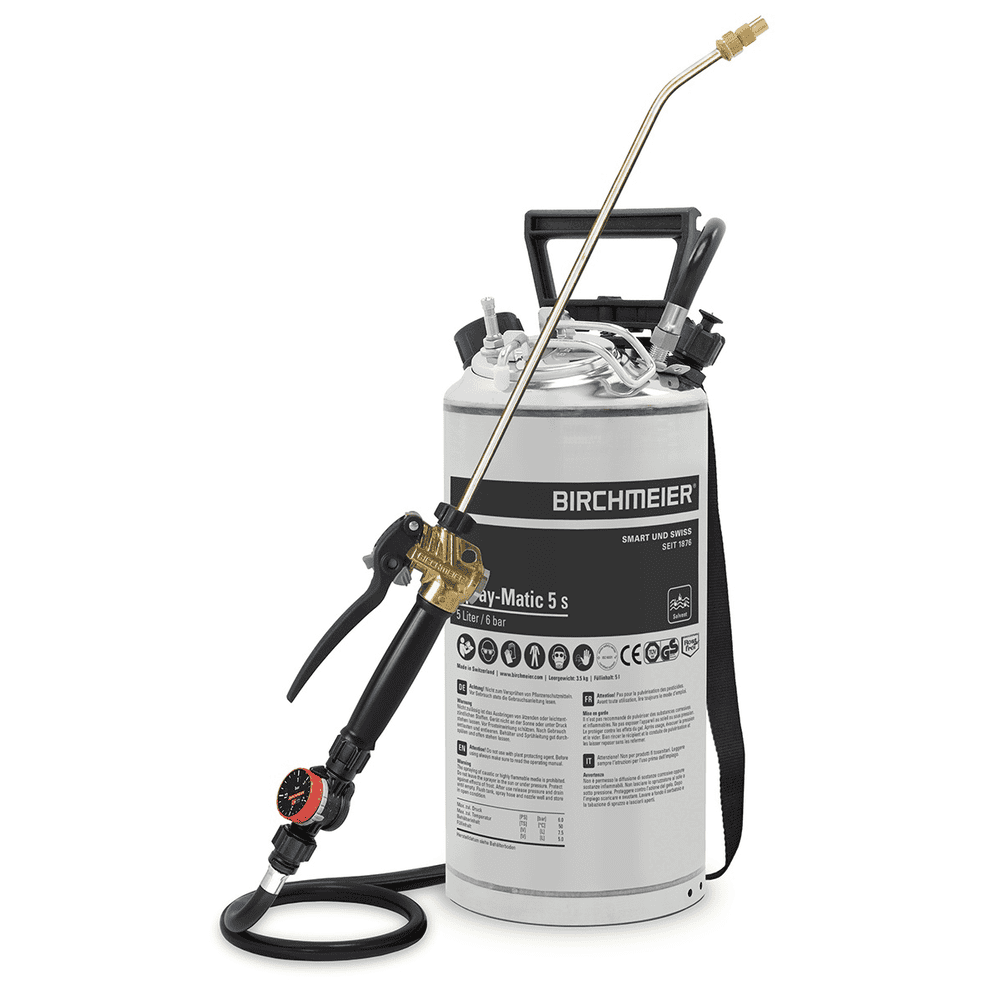 Birchmeier Druckspeicher-Sprühgerät Spray-Matic 5 S, für Bauprofis, mit Handpumpe und Pressluftanschluss, Füllmenge 5 l