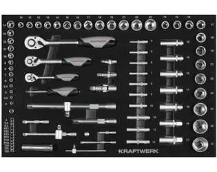 KRAFTWERK BASIC LINE EVA Steckschlüssel-Einlage 1/4" + 3/8" + 1/2", LxB 600 x 400 mm, 86-teilig