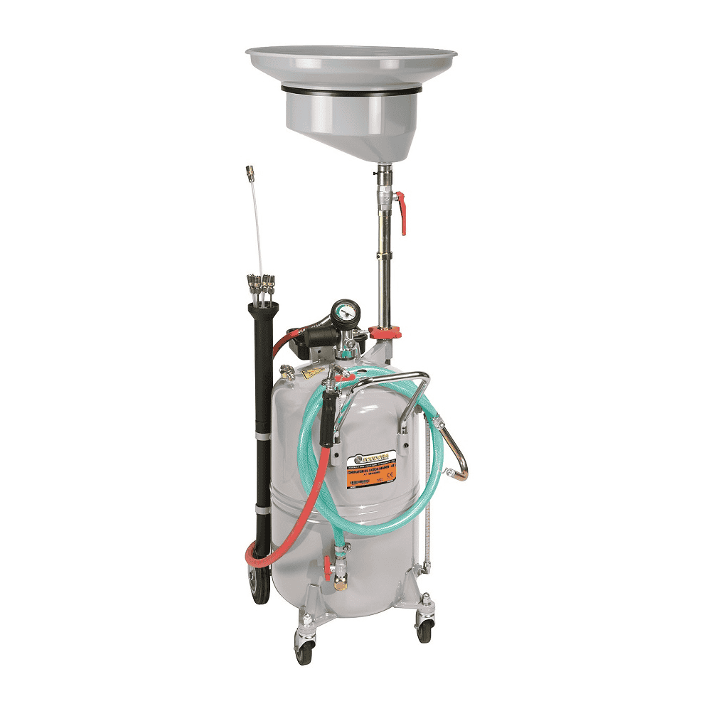 Chariot aspirateur d'huile usagée avec un collecteur 90 l pneumatique avec 7 sondes flexibles et rigides différentes