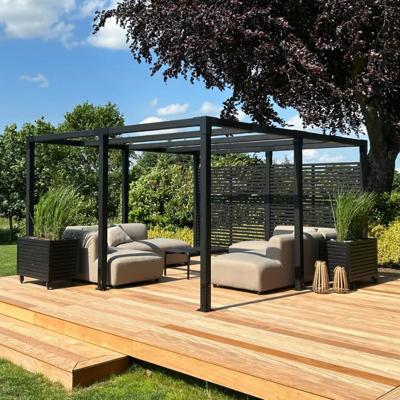 PLUS Pergola Cubic avec clôture Tokyo, noir RAL 9005, L x P x H 3870 x 3870 x 2170 mm
