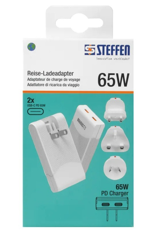 Steffen Adaptateur de voyage World avec 2 ports USB-C, PD 65 W, max. 5 A, blanc
