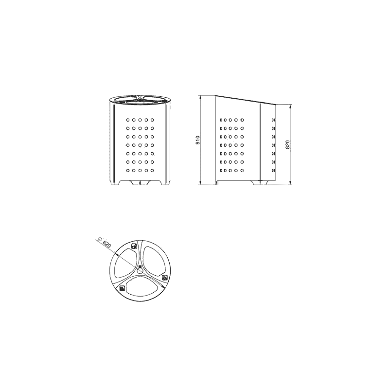 Poubelles avec système de tri DORIA en acier, 3 × 75 litres, couvercles en acier inoxydable