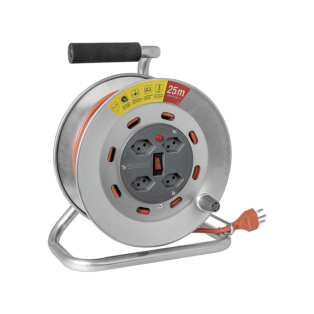 Steffen Metall-Kabelrolle LOOP, 4 x T13, Td 3×1.5 mm², Thermoschutz, IP20, silber/grau, Kabellänge 25 m