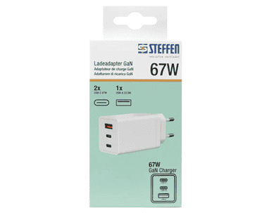 Steffen GaN Ladeadapter 67 W PD, 1 × USB-A + 2 × USB-C, weiss