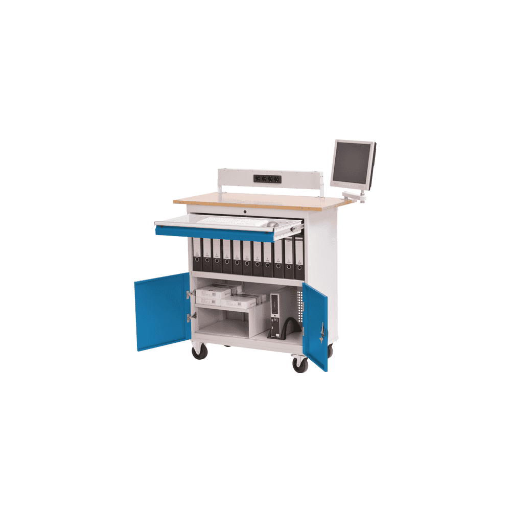 Bedrunka+Hirth Mobiler Computerschrank mit Arbeitsplatte, Energie-Kanal und Monitorhalterung, 1200 x 600 x 1196 mm