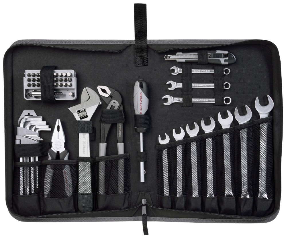 KRAFTWERK BASIC LINE Werkzeugetui, 57-teilig, universelles Werkzeugset mit Steckgriff, Bits, Ring-Maulschlüsseln
