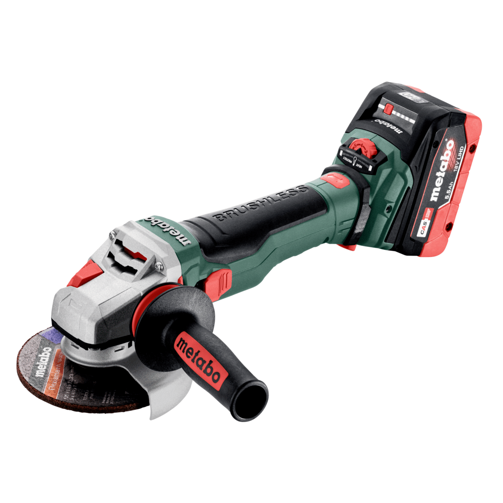 Metabo Akku-Winkelschleifer WVB 18 LTX BL 15-125 Quick, 18 V, mit 2 x 5.5 Ah LiHD Akkus, Schnellladegerät ASC 145 und metaBOX 165 L