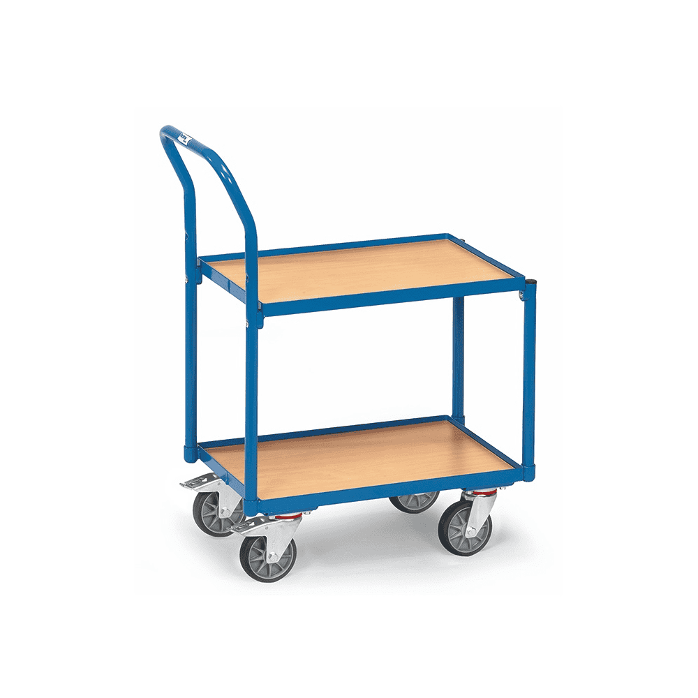 Fetra Roller à étages avec 2 étagères en bois et avec arceau de poussée tubulaire, bord de 15 mm de haut