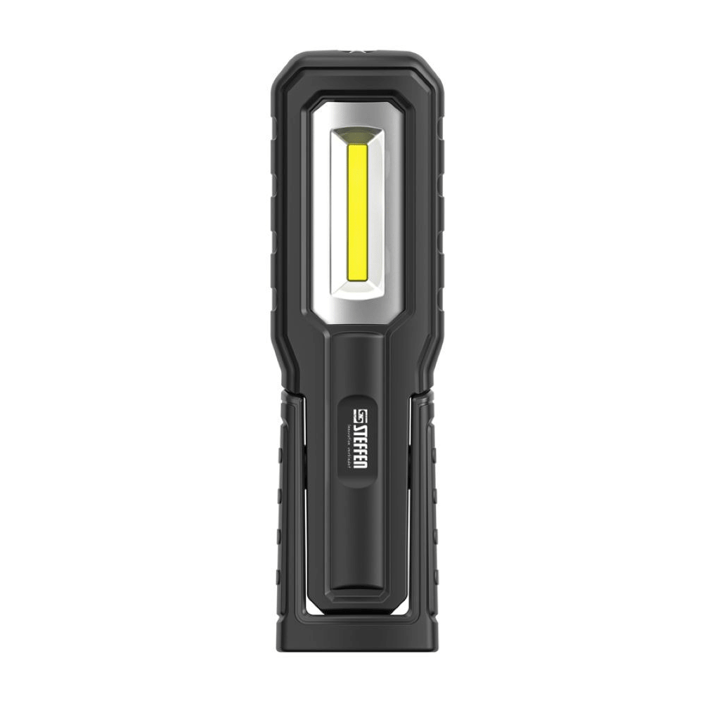 Steffen LED Akku-Handleuchte 5 W, 600 + 100 lm, 5700 K, 240° drehbar, IP54, schwarz/orange