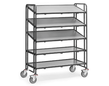 Rouleur de bacs européens "GREY EDITION", 5 cadres à plateaux avec plateau en bois, rebord de 13 mm de haut, 1372 x 685 x 1686 mm
