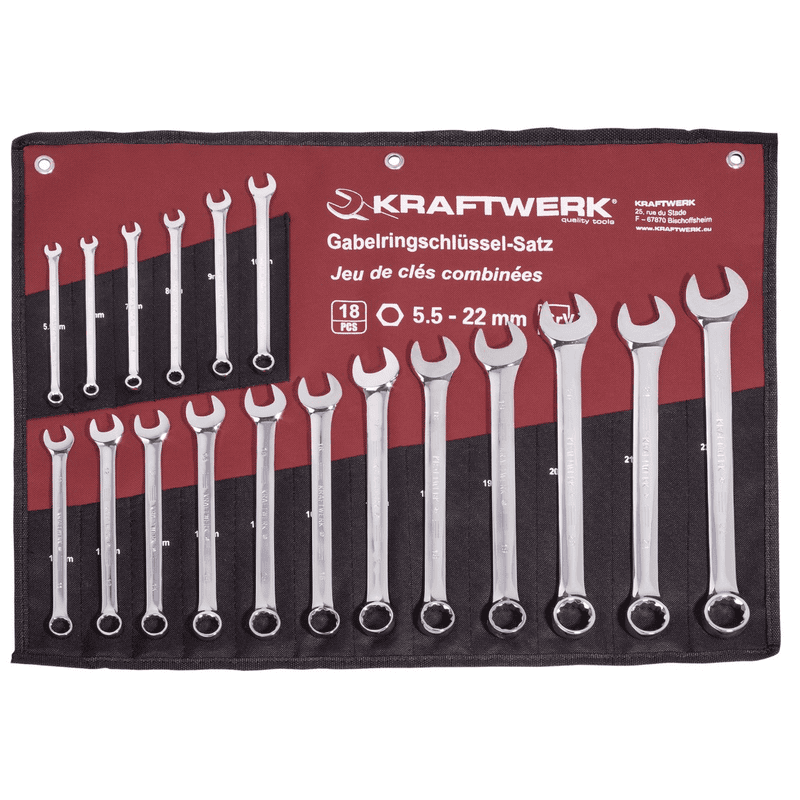 KRAFTWERK PRO LINE Gabelringschlüssel-Satz, 18-teilig, 5.5–22 mm, in Rolltasche