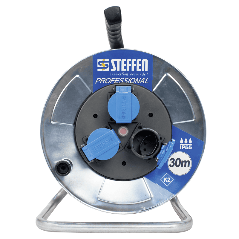 Steffen Metall-Kabelrolle PROFESSIONAL, 3 x T13, PUR, 10 A, Thermoschutz, IP55, silber, diverse Ausführungen