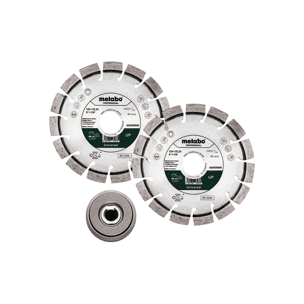 Metabo Set: 2 x Diamanttrennscheibe "UP", 125 x 22,23 mm und 1 x Quickspannmutter M 14