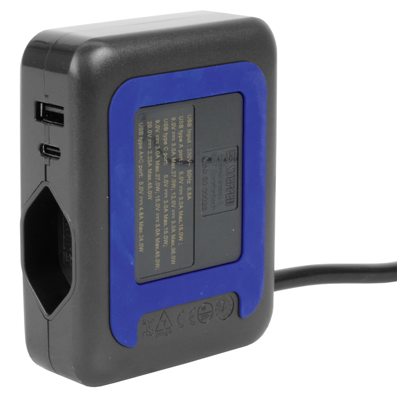 Steffen Station de recharge IQ, 1 x T13, 1 port USB-A (36 W), 1 port USB-C PD (45 W), 10 A, IP20, câble de 1.5 m, en deux couleurs