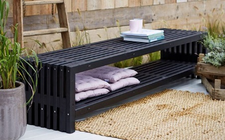 Banc rustique, deux couleurs, deux longueurs, avec ou sans étagère