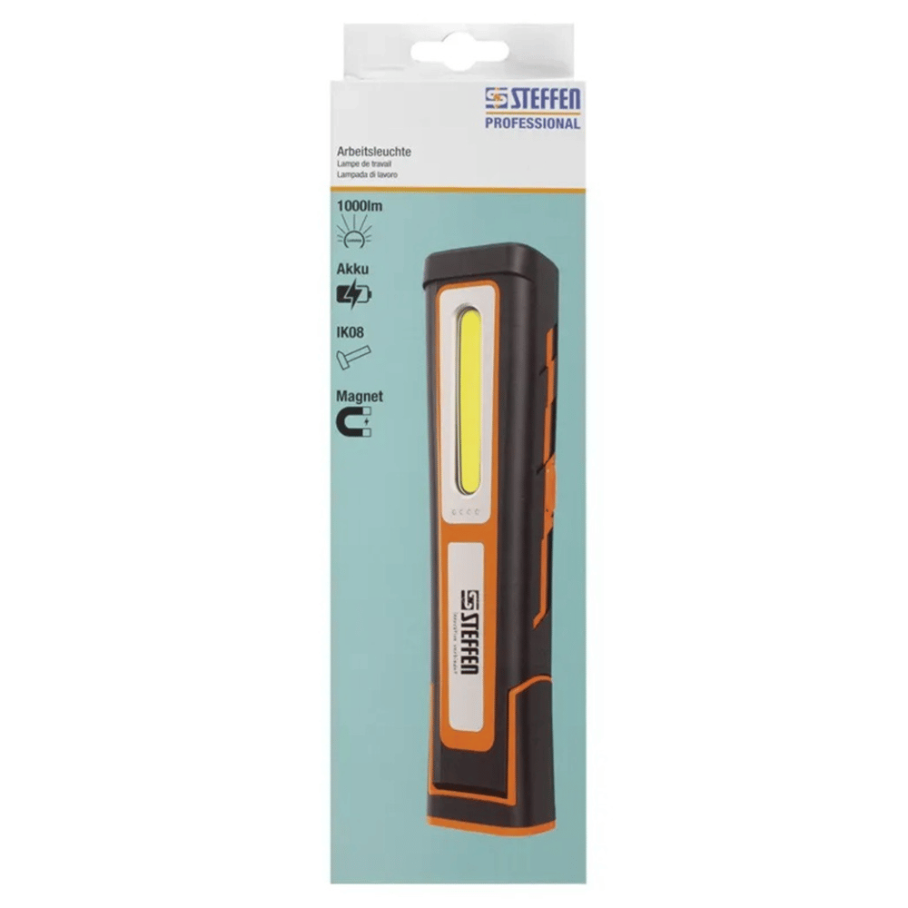 Steffen LED Akku-Arbeitsleuchte 10 W, 1'000 + 180 lm, 5700 K, 180° drehbar, IP65, schwarz/orange