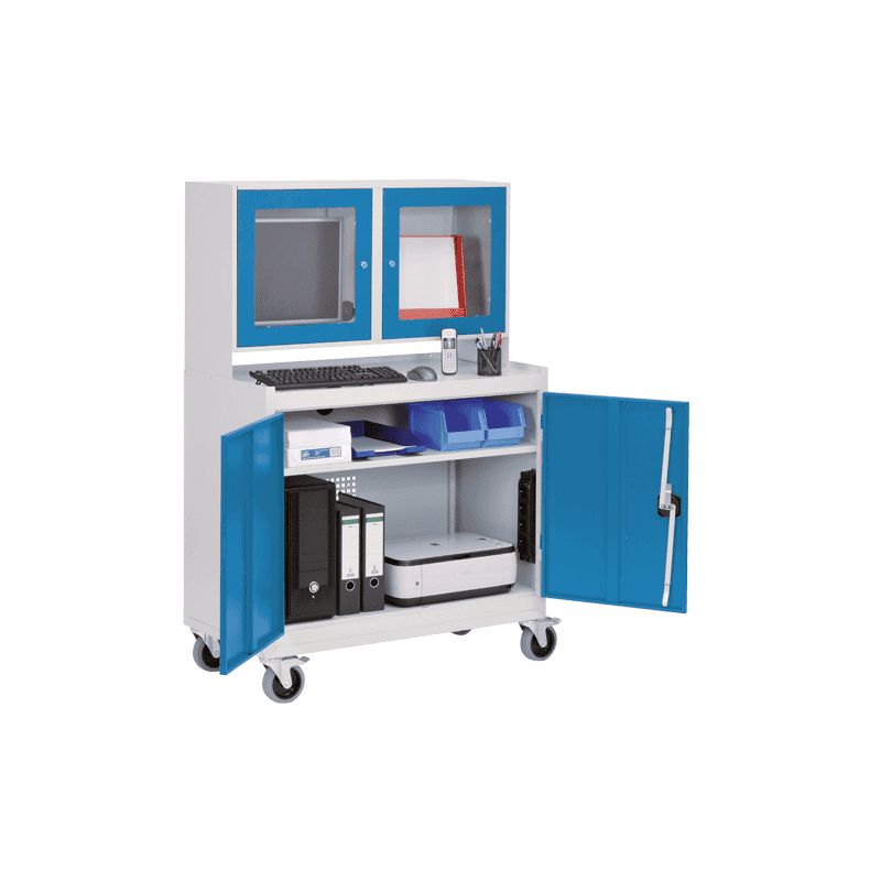 Bedrunka+Hirth Mobiler Computerschrank mit zweitürigem Monitoraufsatzgehäuse für 15,6'' Monitor, 1000 x 500 x 1575 mm