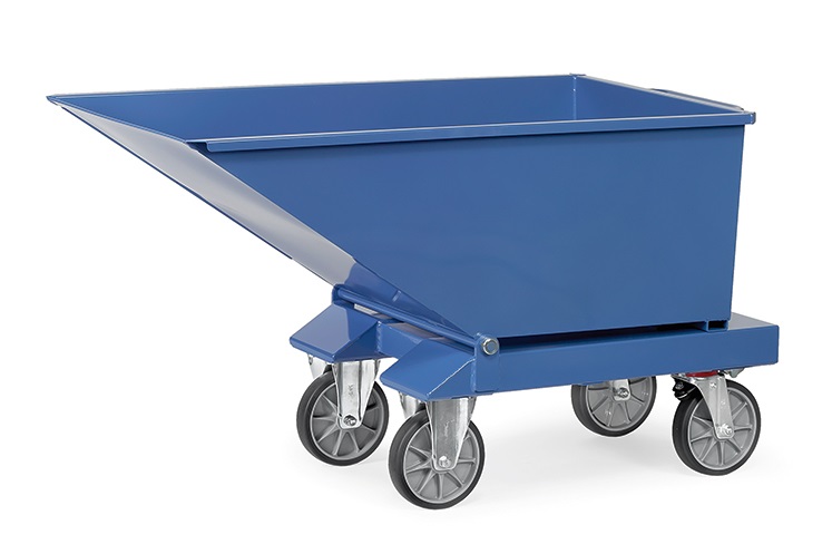 Fetra Benne avec robinet de vidange 250 litres, capacité de charge 750 kg, revêtement époxy bleu RAL 5007