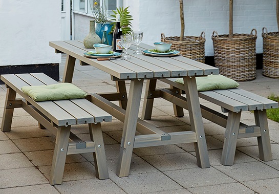 Country table et banc de jardin, trois coleurs, 1770 x 1810 x 760 / 450 mm