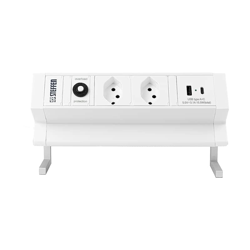 Steffen Multiprise de table ALU DESK, 2 prises de courant T13, 1 USB-A, 1 USB-C, 10 A, IP20, câble de 1.5 m, en deux couleurs