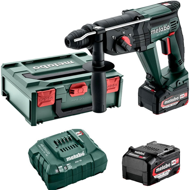 Metabo Akku-Hammer KH 18 LTX 24 mit 2x Li-Power Akkus (18 V / 4.0 Ah), Ladegerät ASC 55 und metaBOX 165 L