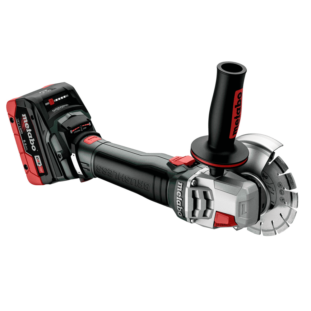 Metabo Akku-Winkelschleifer WB 18 LT BL 11-125 Quick, 18 V mit 2x Li-Power Akkus (18 V / 5.2 Ah), Ladegerät ASC 55 und metaBOX 165 L