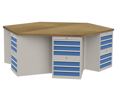 Bedrunka+Hirth 6-Eck-Werkbank mit 6 Schubladenschrank, BxTxH 2500 x 2165 x 859 mm
