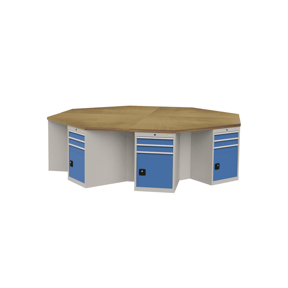 Bedrunka+Hirth 8-Eck-Werkbank, Tiefe 736, R 18-24, Schubladenanzahl je Schrank 2, BxTxH 3020 x 3020 x 859 mm