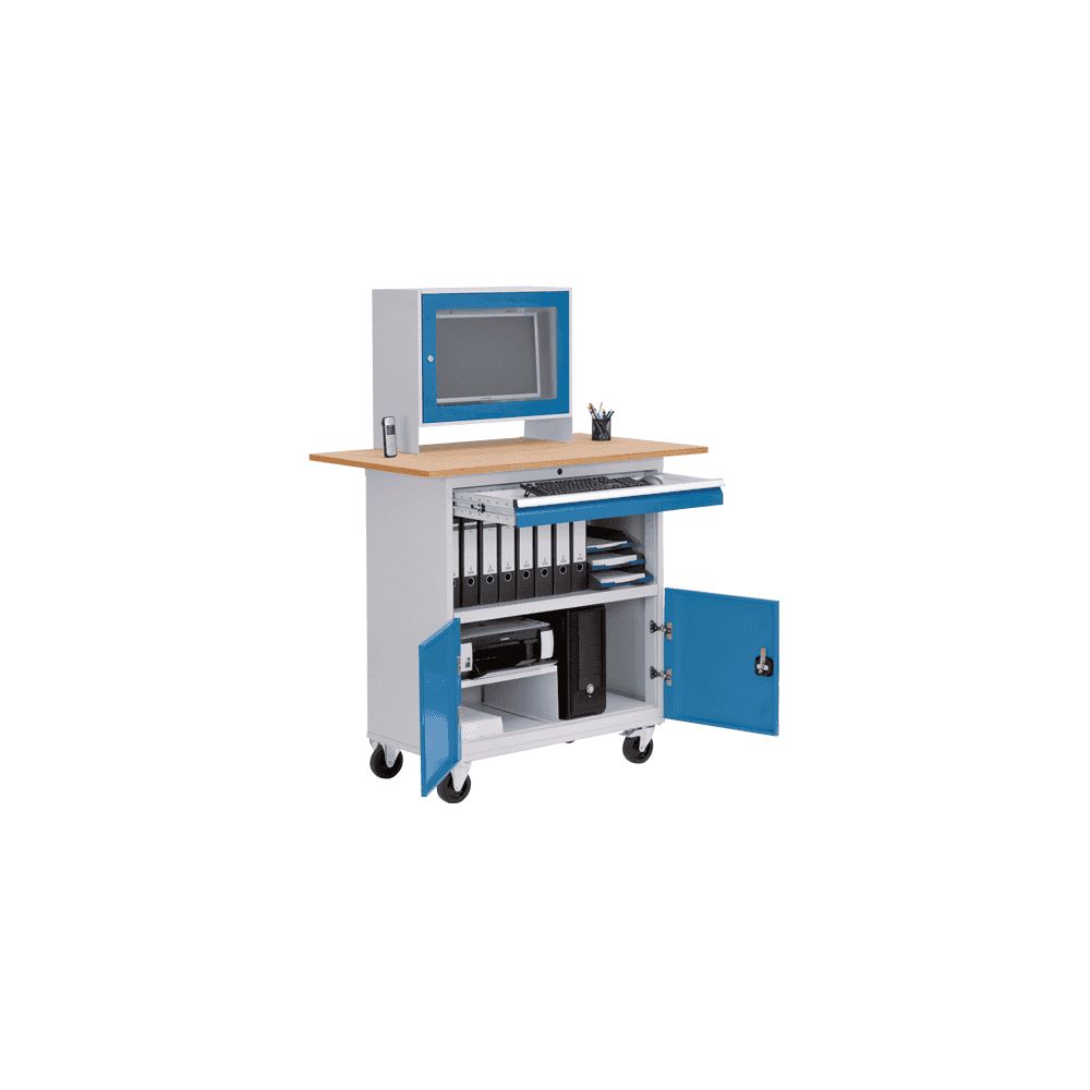 Bedrunka+Hirth Mobiler Computerschrank mit Monitoraufsatzgehäuse für 24" Monitor und Arbeitsplatte, 1200 x 700 x 1796 mm